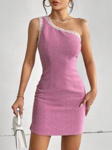 SHEIN Privé Contrast Trim One Shoulder Bodycon Dress - Pink - View 3