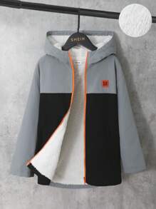 SHEIN 男大童雙色補丁細節加絨內裏連帽夾克