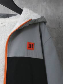 SHEIN 男大童雙色補丁細節加絨內裏連帽夾克