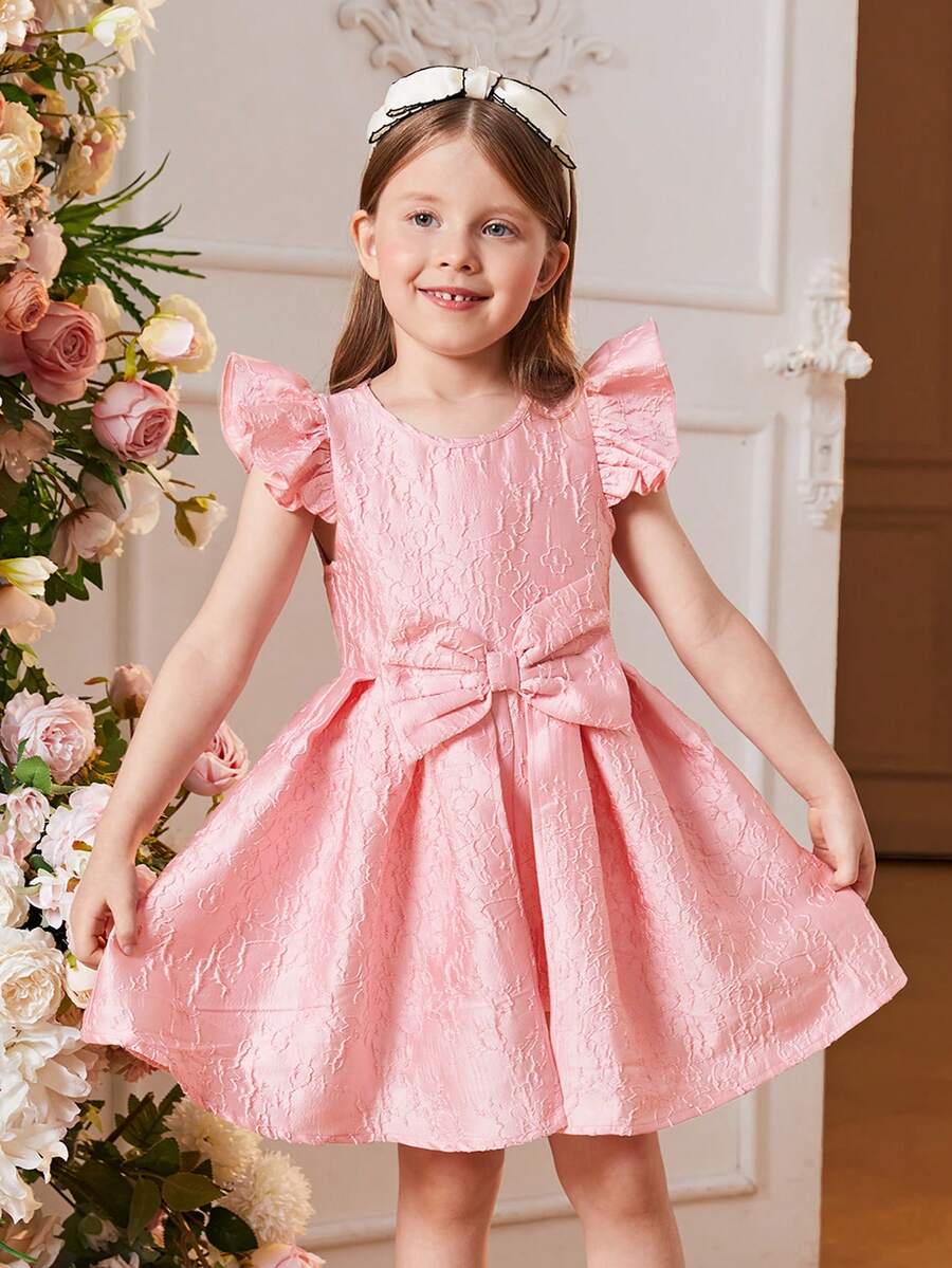 SHEIN 女童粉色提花緞面梭織花卉荷葉袖洋裝帶蝴蝶結裝飾和A字形下擺 - 珊瑚粉 - 查看 1