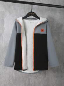 SHEIN 男大童雙色補丁細節加絨內裏連帽夾克