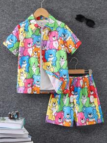 SHEIN Cô gái Tween Đồ họa Hoạt hình Áo sơ mi & Quần short - Nhiều màu - Xem 3