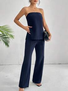 SHEIN Essnce Solid Tube Top & Wide Leg Trousers - Navy Blue - View 3