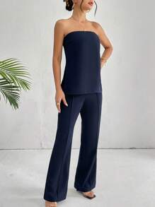 SHEIN Essnce Solid Tube Top & Wide Leg Trousers - Navy Blue - View 4