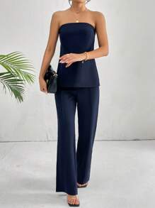 SHEIN Essnce Solid Tube Top & Wide Leg Trousers - Navy Blue - View 5