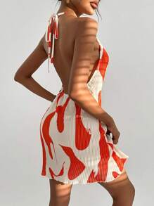 SHEIN Privé Graphic Print Halter Neck Dress - Orange - View 2