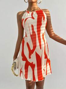 SHEIN Privé Graphic Print Halter Neck Dress - Orange - View 3