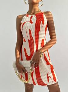 SHEIN Privé Graphic Print Halter Neck Dress - Orange - View 4