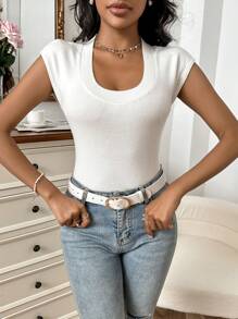 SHEIN Essnce Chất rắn Scoop Cổ Knit ngọn - Màu be - Xem 7