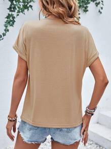 SHEIN VCAY Solid Batwing Sleeve V Neck Tee - Khaki - View 2