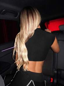 SHEIN ICON Pha lê Mẫu chữ Cổ giả Áo phông Crop - màu đen - Xem 3