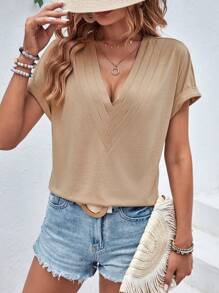 SHEIN VCAY Solid Batwing Sleeve V Neck Tee - Khaki - View 5