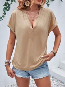 SHEIN VCAY Solid Batwing Sleeve V Neck Tee - Khaki - View 6