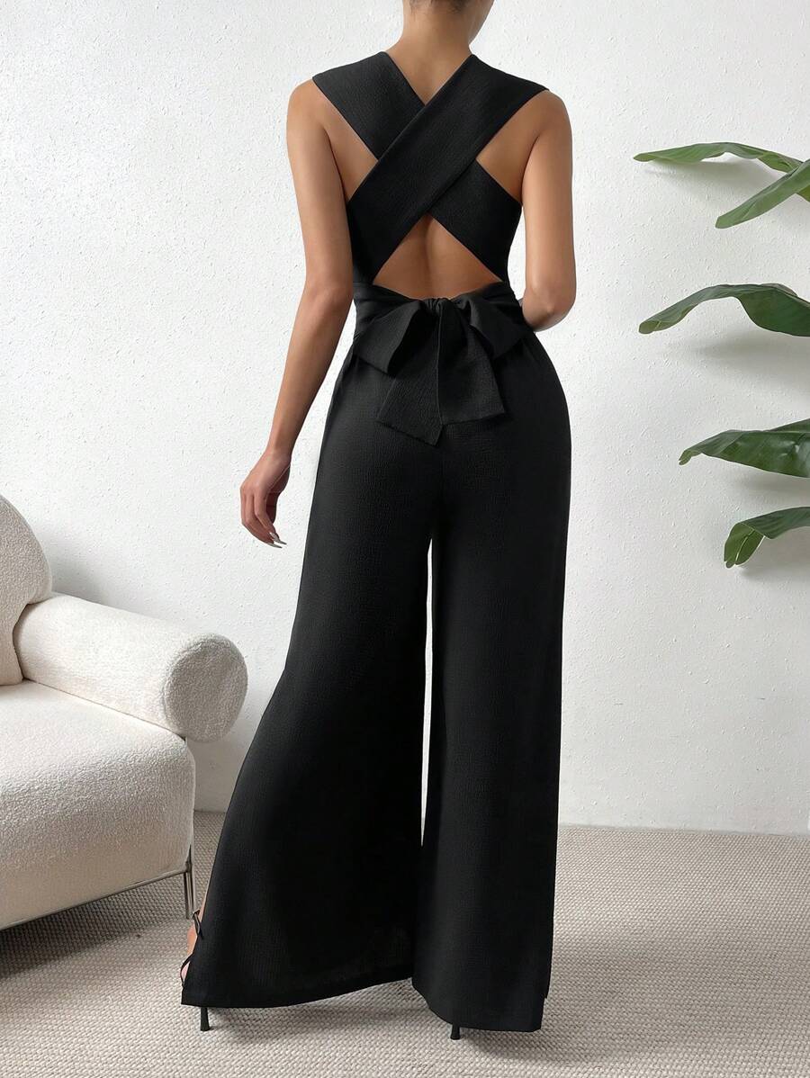 SHEIN Privé 素色交叉後背繫帶闊腿連體褲 - 黑色 - 查看 1