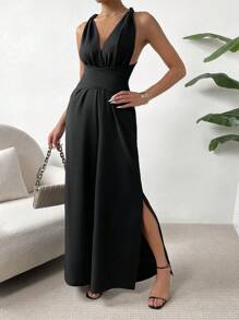 SHEIN Privé 素色交叉後背繫帶闊腿連體褲 - 黑色 - 查看 2