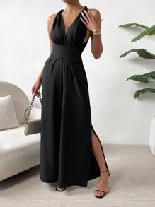 SHEIN Privé 素色交叉後背繫帶闊腿連體褲 - 黑色 - 查看 4