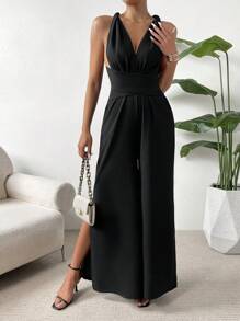 SHEIN Privé 素色交叉後背繫帶闊腿連體褲 - 黑色 - 查看 5