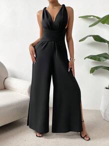 SHEIN Privé 素色交叉後背繫帶闊腿連體褲 - 黑色 - 查看 6