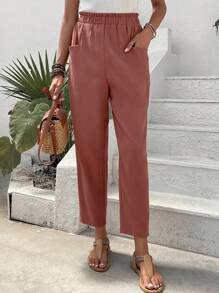 SHEIN Frenchy Nếp gấp cao eo Quần cà rốt - Gỗ đỏ - Xem 1
