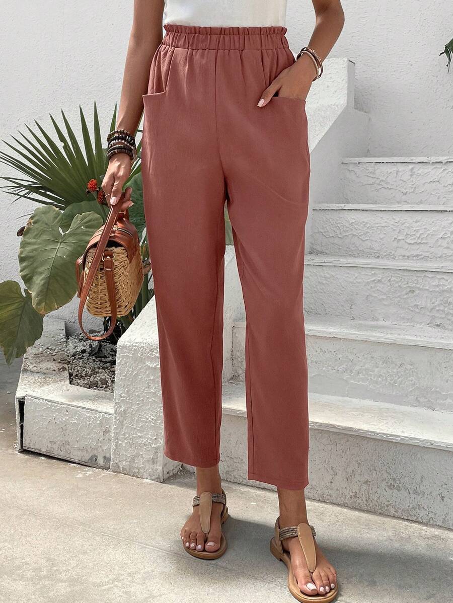 SHEIN Frenchy Nếp gấp cao eo Quần cà rốt - Gỗ đỏ - Xem 1