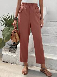 SHEIN Frenchy Nếp gấp cao eo Quần cà rốt - Gỗ đỏ - Xem 3