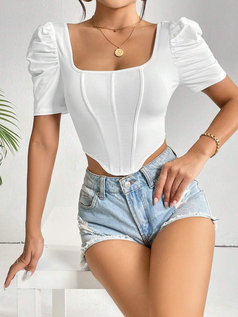 SHEIN Privé 方領泡泡袖不對稱下擺短款T恤 - 白色 - 查看 1