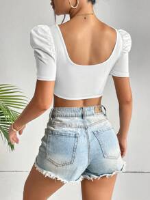 SHEIN Privé 方領泡泡袖不對稱下擺短款T恤 - 白色 - 查看 2
