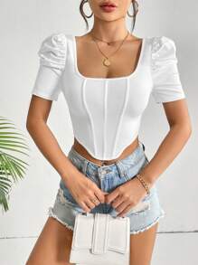 SHEIN Privé 方領泡泡袖不對稱下擺短款T恤 - 白色 - 查看 3