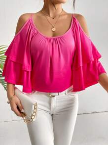 SHEIN Privé Cold Shoulder Ruffle Trim Tee