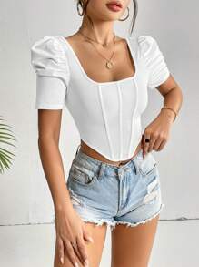 SHEIN Privé 方領泡泡袖不對稱下擺短款T恤 - 白色 - 查看 5