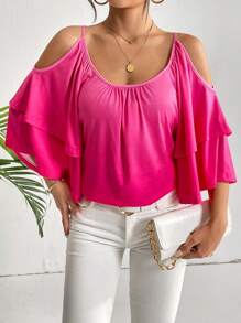 SHEIN Privé Cold Shoulder Ruffle Trim Tee