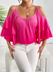 SHEIN Privé Cold Shoulder Ruffle Trim Tee