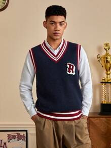 ROMWE MEN Prep Các bạn Thêu Chữ Sọc trang trí Áo len Cricket Vest Không có áo sơ mi - Màu xanh hải quân - Xem 1