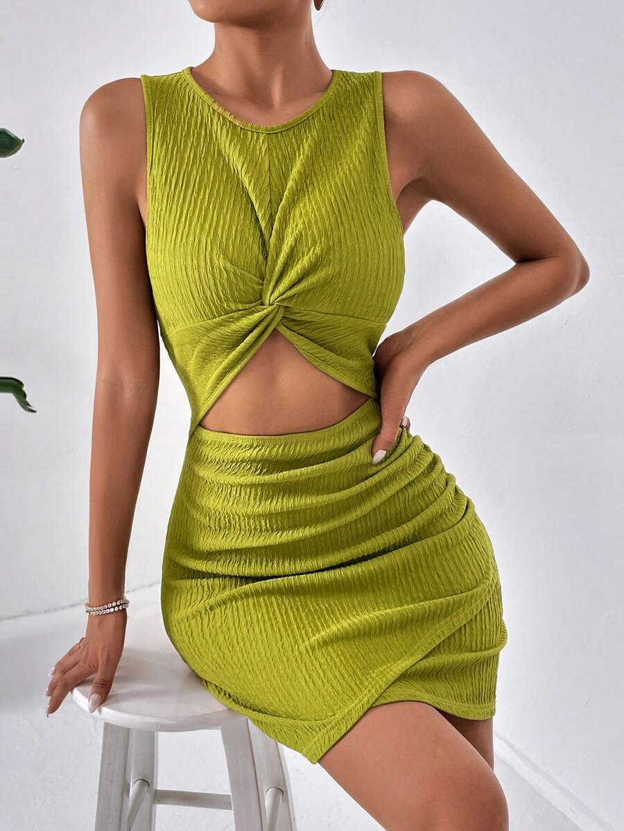 SHEIN Privé Mặt trước xoắn Cắt ra Viền ven Váy bodycon - màu xanh lá - Xem 1