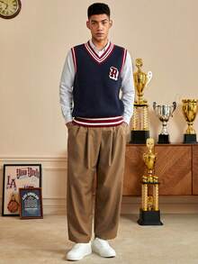 ROMWE MEN Prep Các bạn Thêu Chữ Sọc trang trí Áo len Cricket Vest Không có áo sơ mi - Màu xanh hải quân - Xem 5