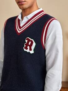 ROMWE MEN Prep Các bạn Thêu Chữ Sọc trang trí Áo len Cricket Vest Không có áo sơ mi - Màu xanh hải quân - Xem 6