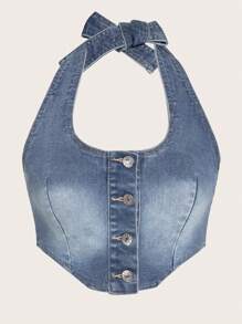 SHEIN ICON 前紐扣繞頸牛仔上衣 - 淺色水洗藍 - 查看 1