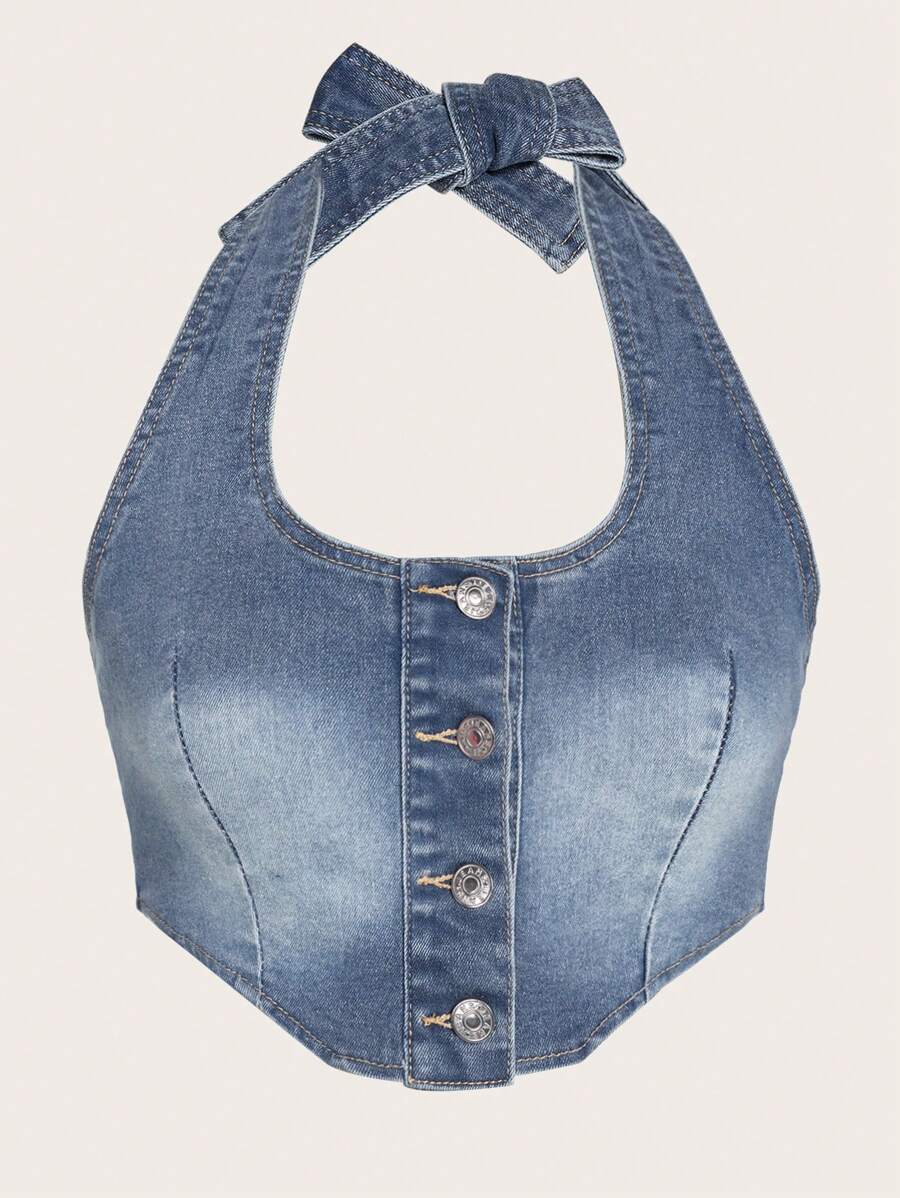 SHEIN ICON 前紐扣繞頸牛仔上衣 - 淺色水洗藍 - 查看 1