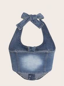 SHEIN ICON 前紐扣繞頸牛仔上衣 - 淺色水洗藍 - 查看 2