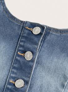 SHEIN ICON 前紐扣繞頸牛仔上衣 - 淺色水洗藍 - 查看 3