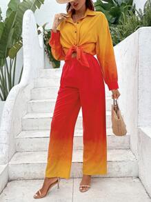 SHEIN VCAY Bộ đồ hai mảnh nữ Nút phía trước Ombre Giải trí - Nhiều màu - Xem 4