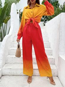 SHEIN VCAY Bộ đồ hai mảnh nữ Nút phía trước Ombre Giải trí - Nhiều màu - Xem 6