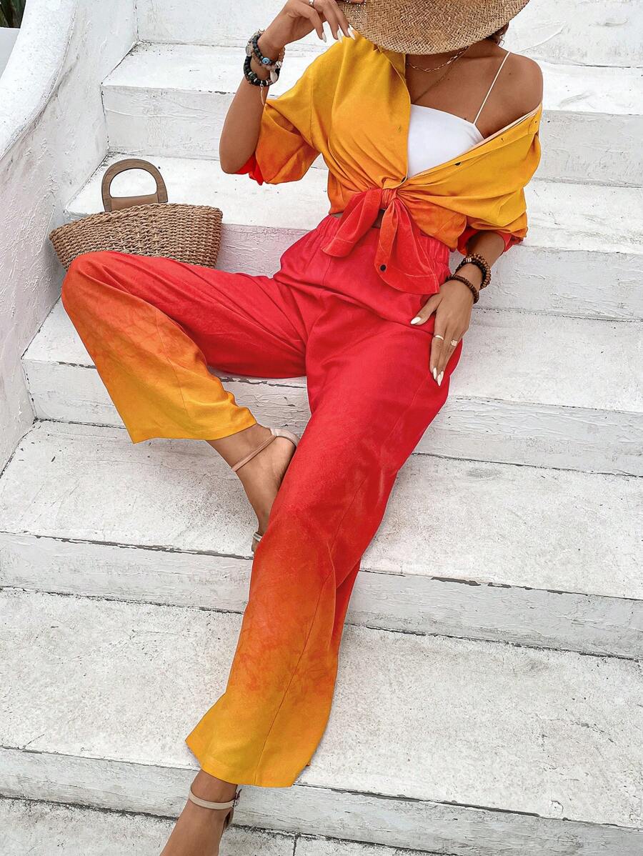 SHEIN VCAY Bộ đồ hai mảnh nữ Nút phía trước Ombre Giải trí - Nhiều màu - Xem 1