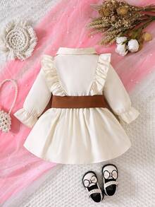 SHEIN Playful Pals Baby Girl Ruffle Trim Flare Sleeve Belted Shirt Dress Autumn Fall - Apricot - View 2