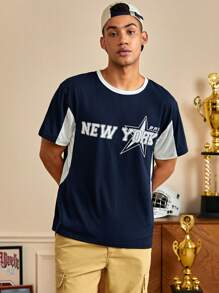 ROMWE MEN Prep 男士星星&字母圖案T恤 - 藍白色 - 查看 1