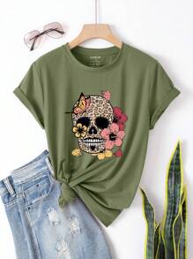 SHEIN EZwear Talla grande Camiseta de cráneo con con estampado floral