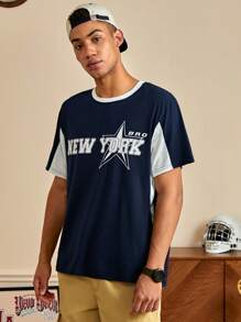 ROMWE MEN Prep 男士星星&字母圖案T恤 - 藍白色 - 查看 3