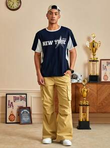 ROMWE MEN Prep 男士星星&字母圖案T恤 - 藍白色 - 查看 4