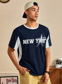 ROMWE MEN Prep 男士星星&字母圖案T恤 - 藍白色 - 查看 5