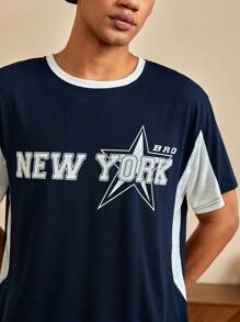 ROMWE MEN Prep 男士星星&字母圖案T恤 - 藍白色 - 查看 6